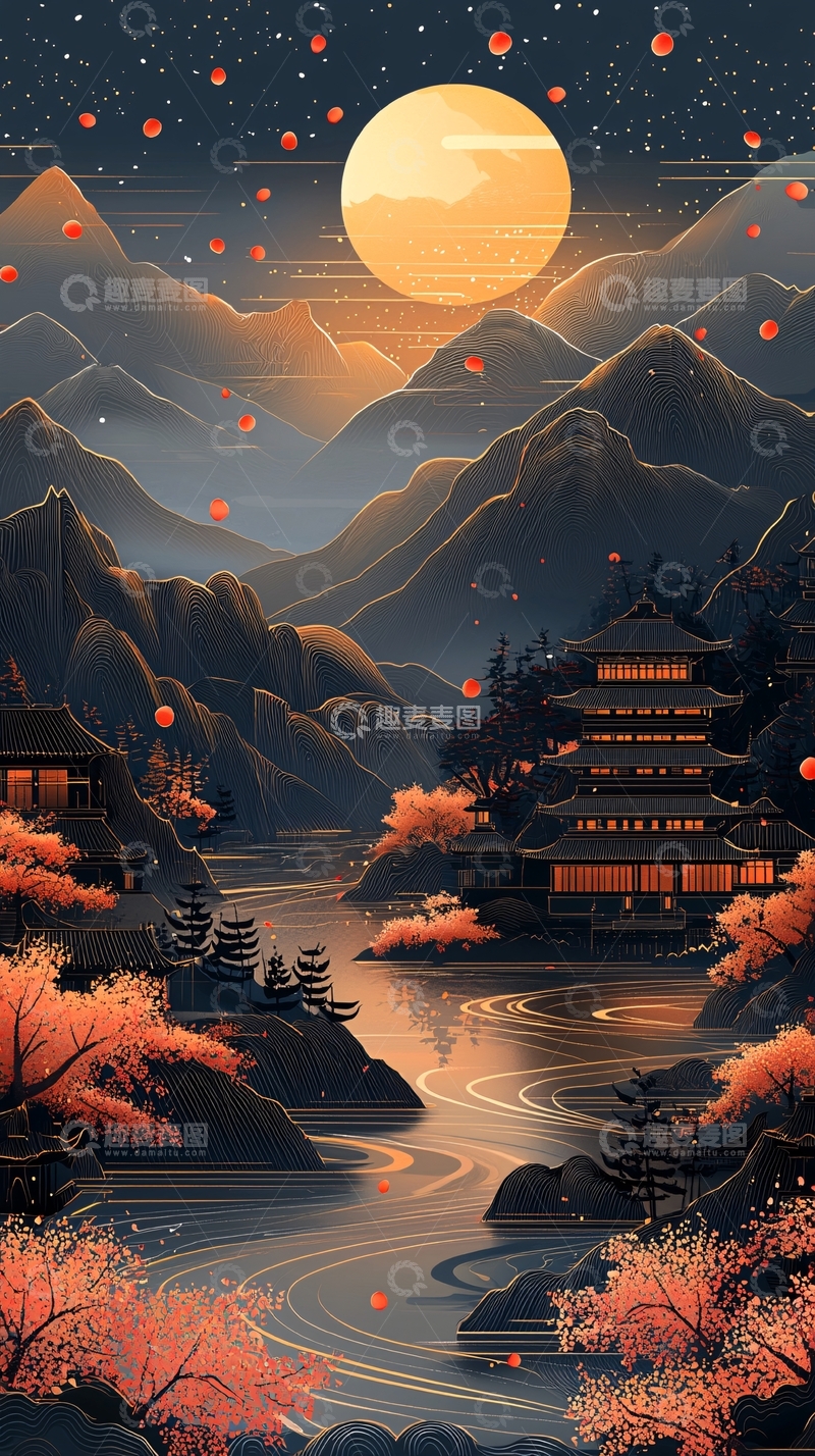 高清大图下载【趣麦麦图】宁静夜晚山水唯美月亮