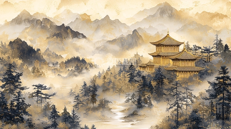 高清大图下载【趣麦麦图】水墨山水楼阁意境中国风