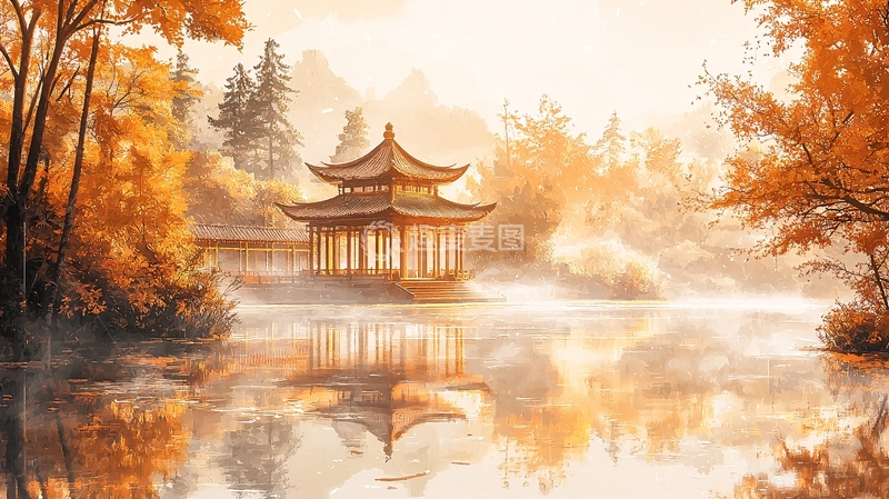 高清大图下载【趣麦麦图】秋日湖畔中国亭