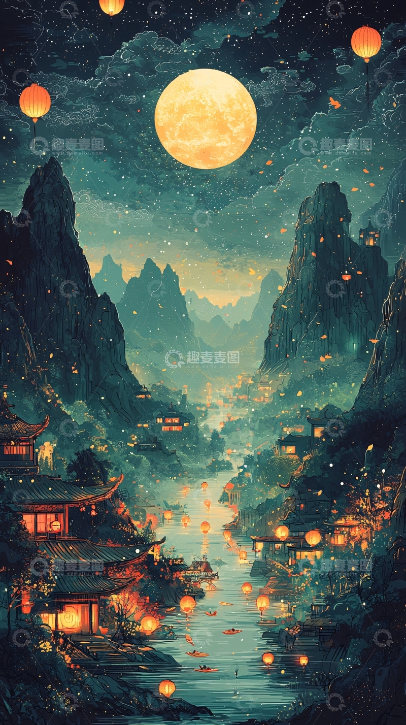 高清大图下载【趣麦麦图】宁静唯美的月夜山水