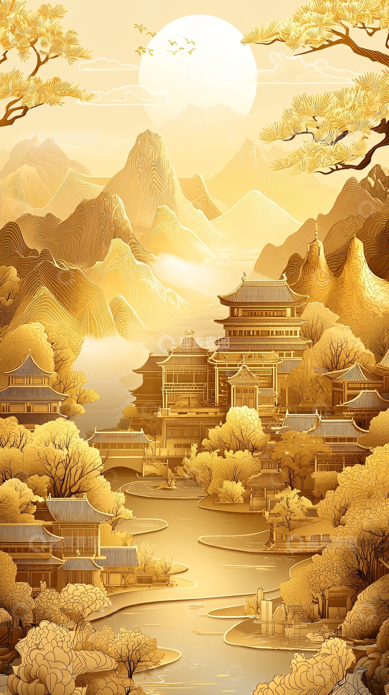 高清大图下载【趣麦麦图】金色山水画