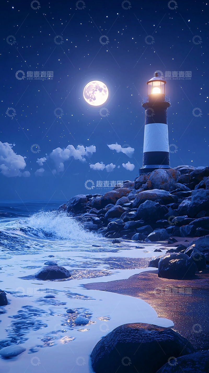 高清大图下载【趣麦麦图】夜空下灯塔与海浪