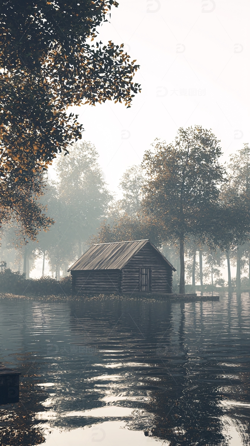 高清大图下载【趣麦麦图】雾气笼罩的湖边木屋