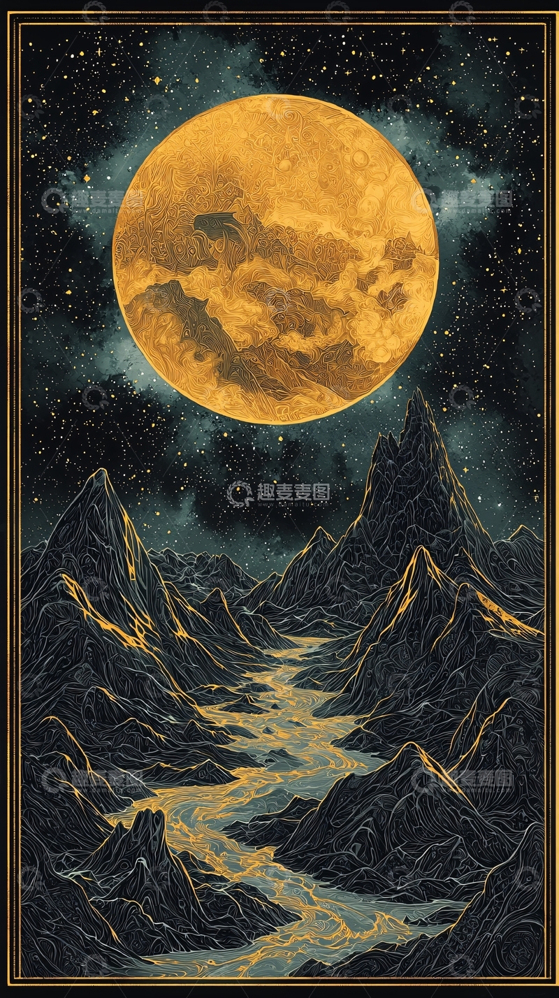 高清大图下载【趣麦麦图】金色月亮下的山脉河流