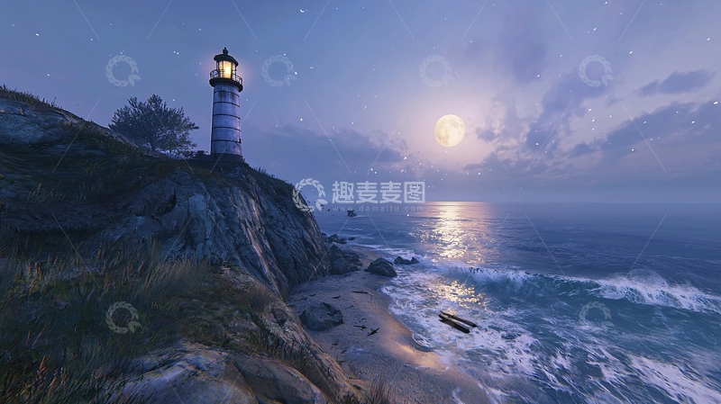 高清大图下载【趣麦麦图】月光下的海边灯塔
