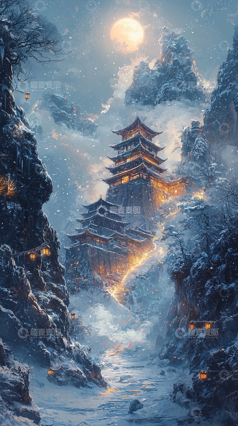 高清大图下载【趣麦麦图】雪夜山间古楼