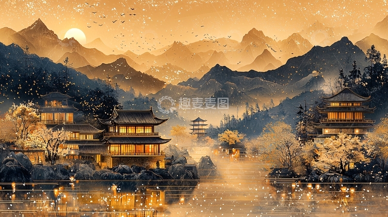 高清大图下载【趣麦麦图】水墨山水风格的金色建筑