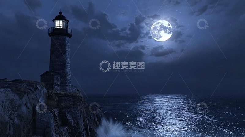高清大图下载【趣麦麦图】月光下的灯塔