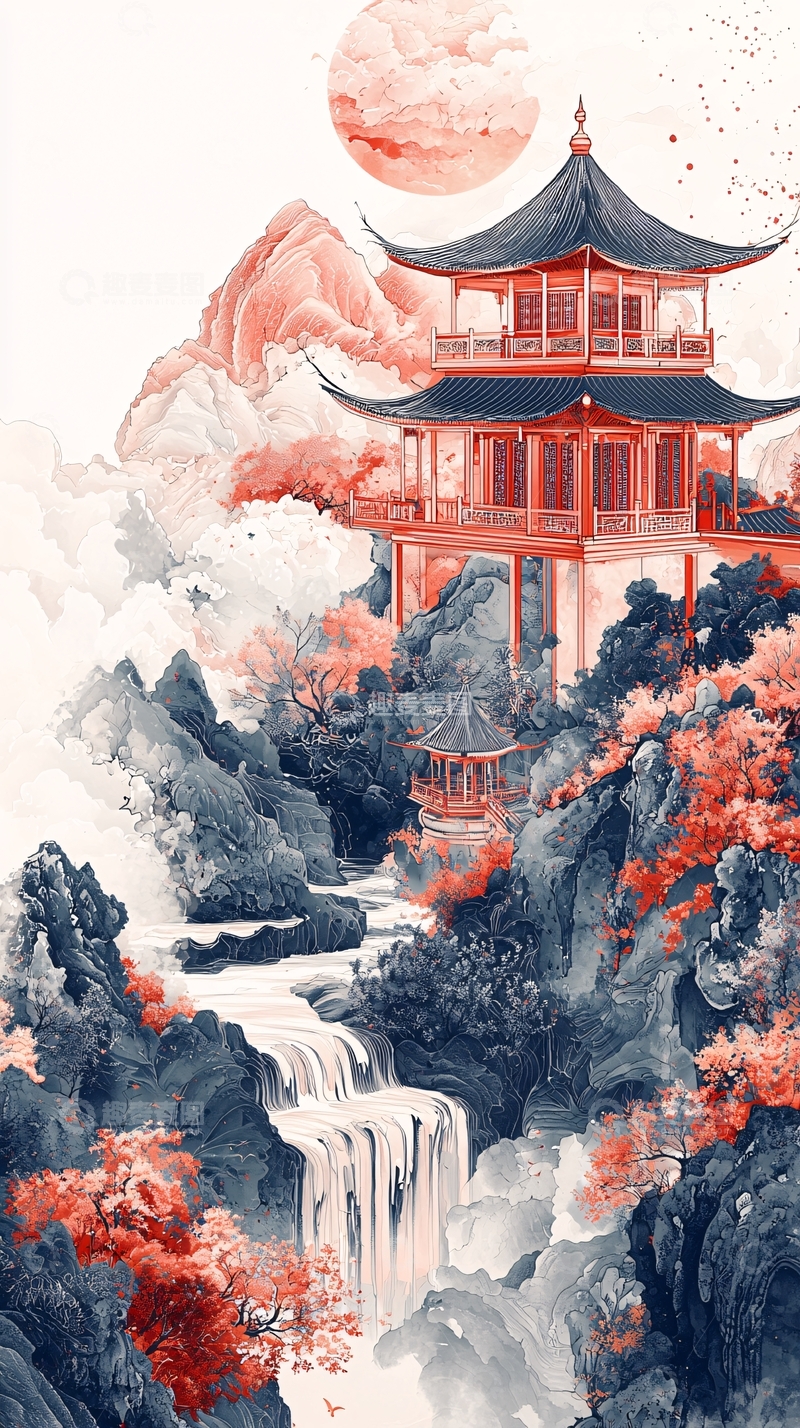 高清大图下载【趣麦麦图】水墨风山水楼阁