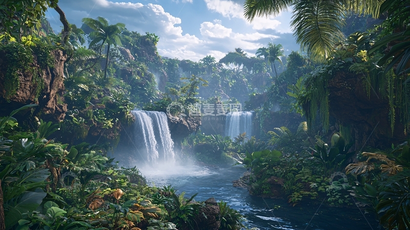 高清大图下载【趣麦麦图】热带雨林瀑布景观