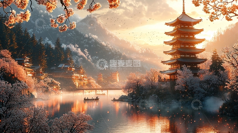 高清大图下载【趣麦麦图】樱花树下的日式塔楼