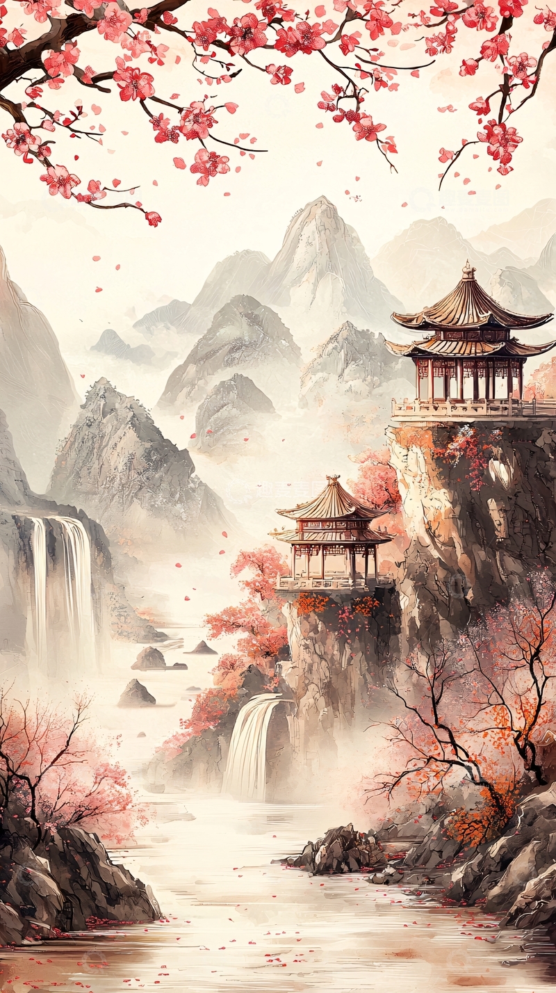 高清大图下载【趣麦麦图】国风山水亭台樱花唯美意境