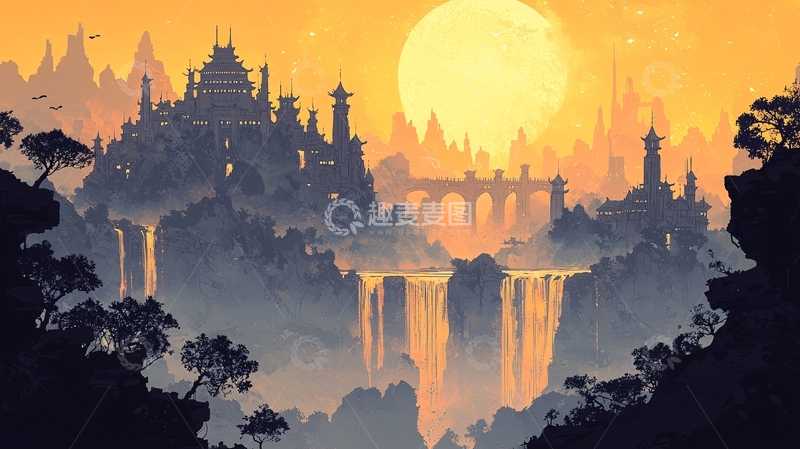 高清大图下载【趣麦麦图】奇幻世界日落下的城堡