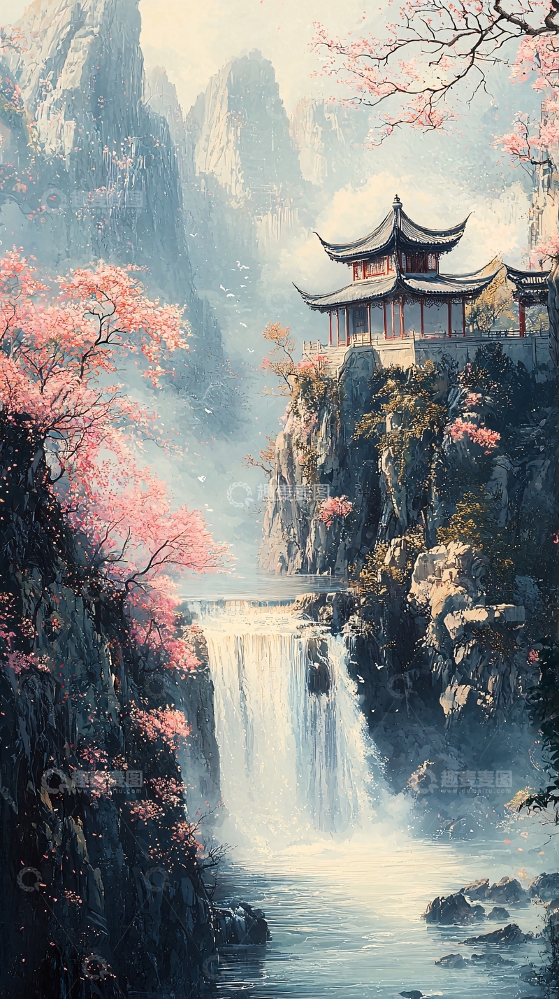 高清大图下载【趣麦麦图】山崖上亭台