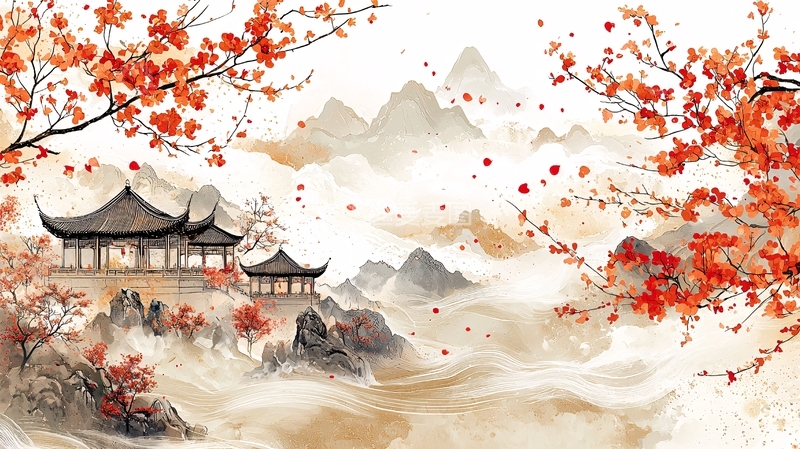 高清大图下载【趣麦麦图】古风山水红叶亭台楼阁
