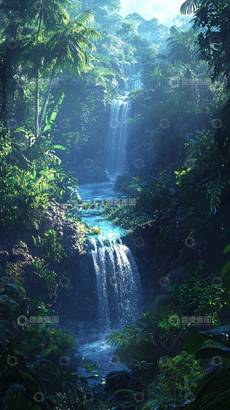 高清大图下载【趣麦麦图】热带雨林瀑布