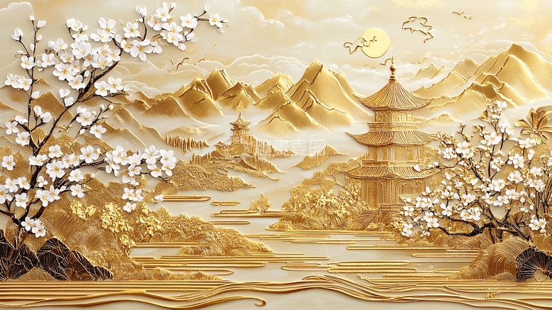 高清大图下载【趣麦麦图】金色山水楼阁梅花图