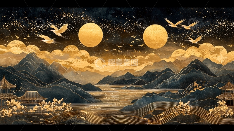 高清大图下载【趣麦麦图】金色山水双月飞鸟