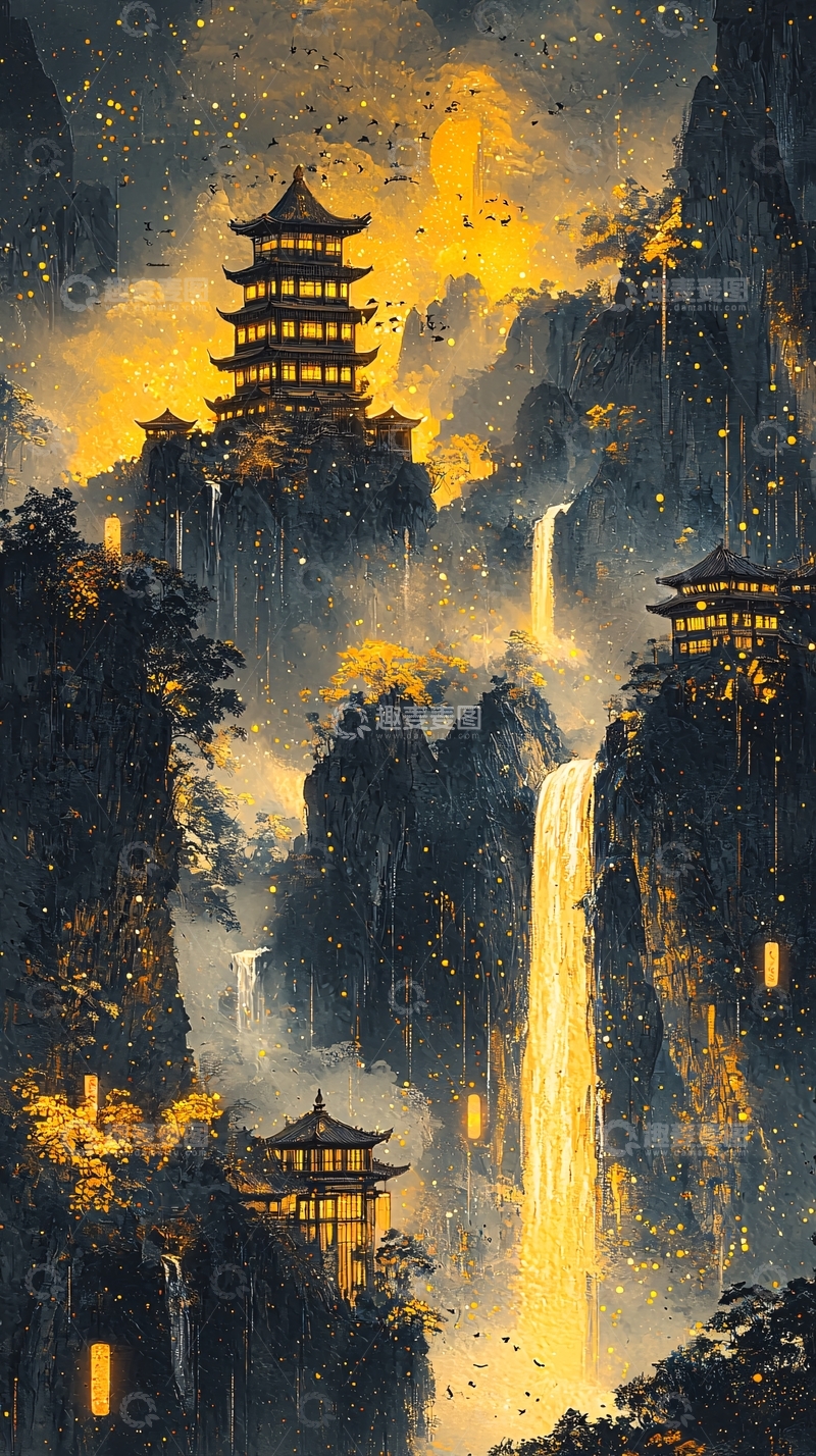 高清大图下载【趣麦麦图】中国风山水楼阁瀑布