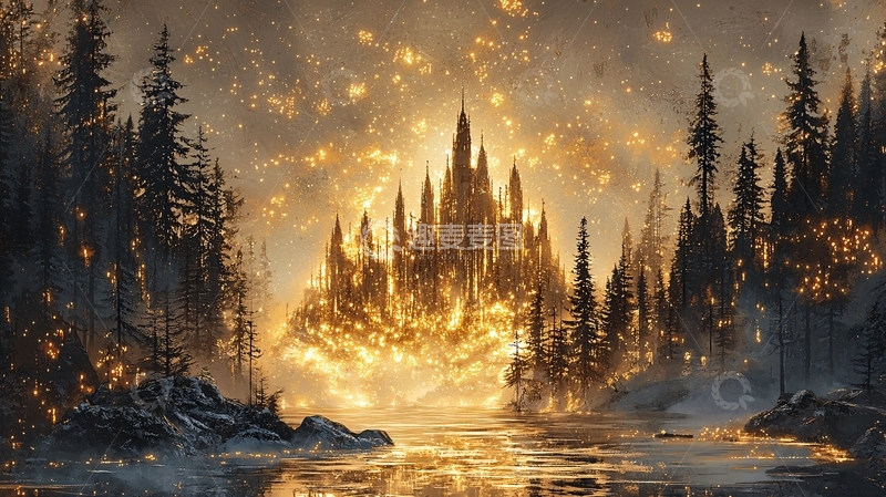 高清大图下载【趣麦麦图】金色光芒笼罩的森林城堡