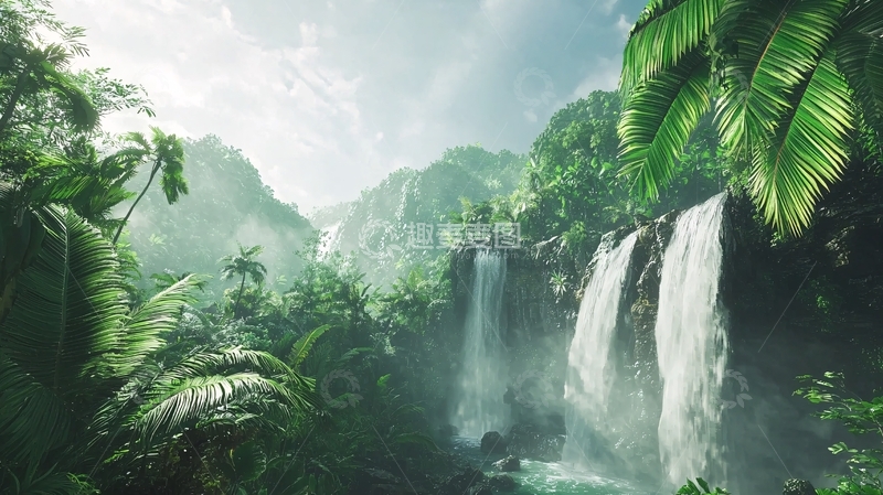 高清大图下载【趣麦麦图】热带雨林瀑布景观