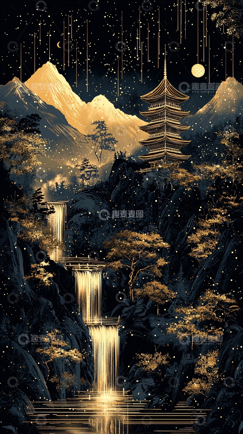 高清大图下载【趣麦麦图】金色山川夜景