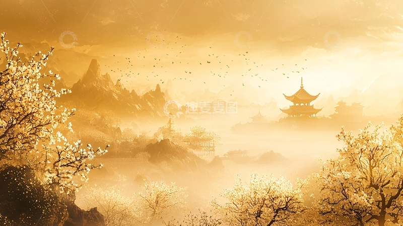 高清大图下载【趣麦麦图】金色山水朦胧意境图