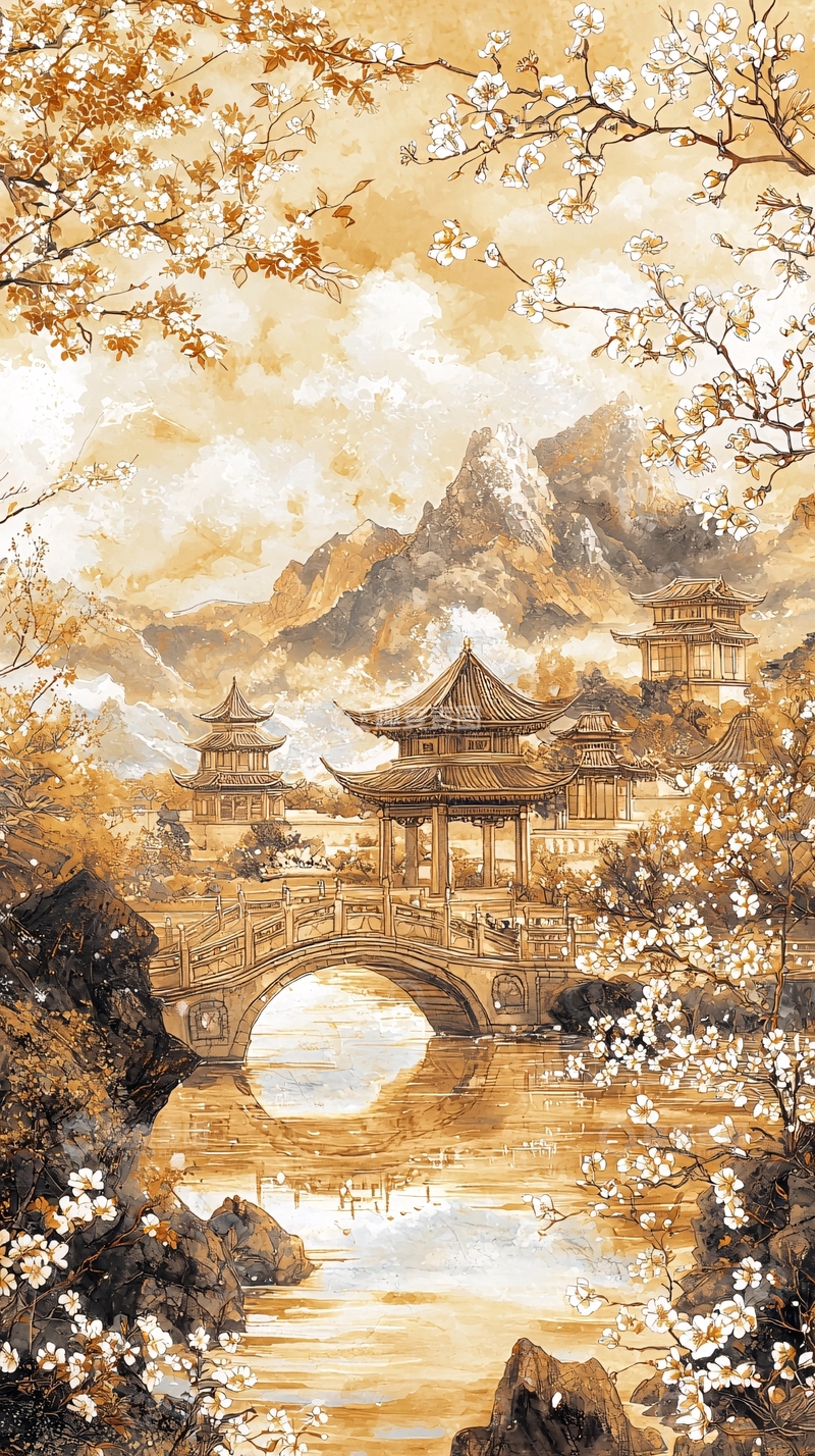 高清大图下载【趣麦麦图】金色调中国风山水画