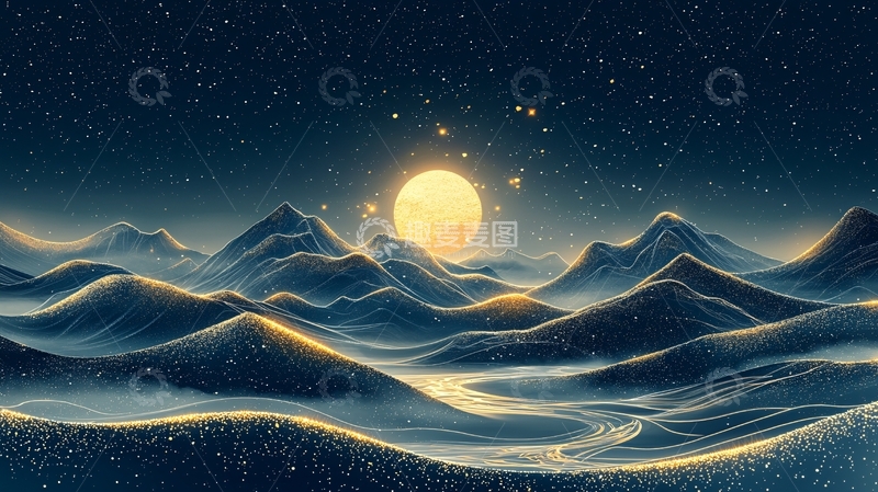 高清大图下载【趣麦麦图】极夜雪山金黄明月