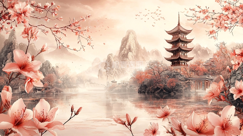 高清大图下载【趣麦麦图】水彩风桃花盛开的塔