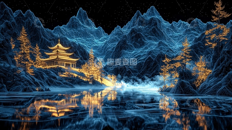高清大图下载【趣麦麦图】水墨风山水楼阁夜景