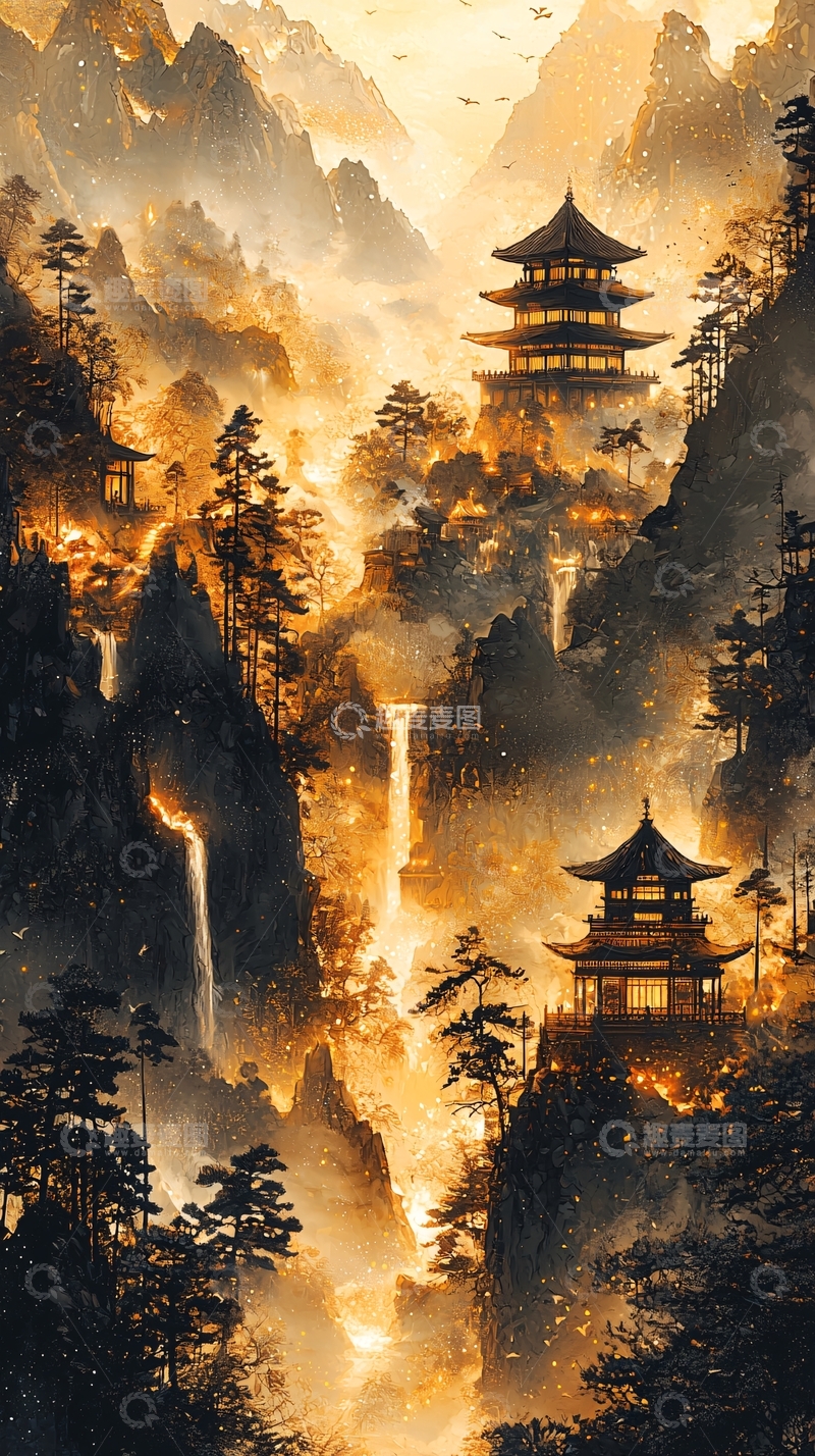 高清大图下载【趣麦麦图】山间寺庙的金色光辉