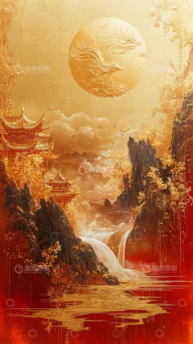 高清大图下载【趣麦麦图】金色凤凰翱翔在山水楼阁之上