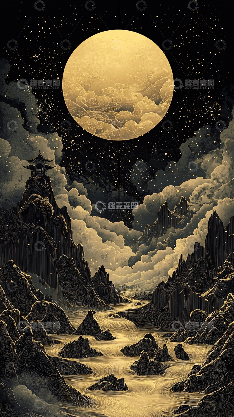 高清大图下载【趣麦麦图】金色满月下的山水云雾