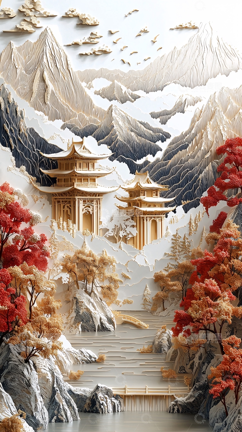 高清大图下载【趣麦麦图】山水楼阁秋色