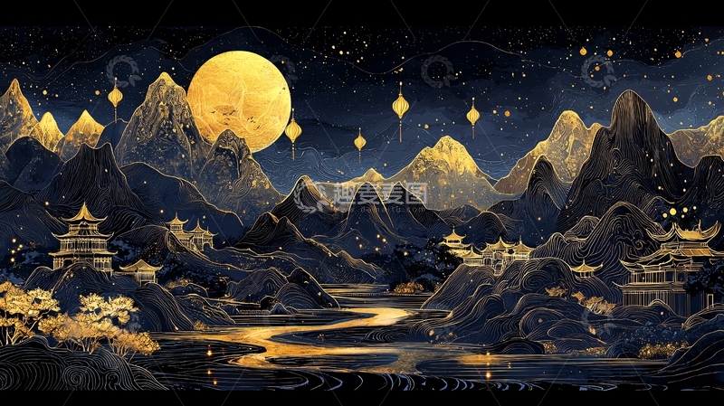 高清大图下载【趣麦麦图】水墨风山水夜景