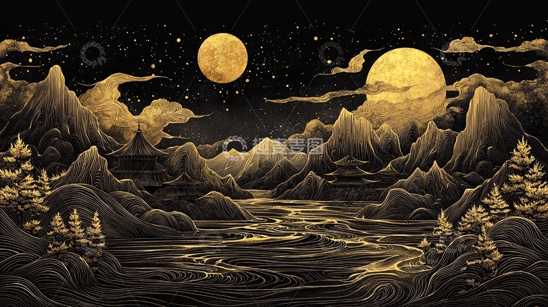 高清大图下载【趣麦麦图】金色山脉下的双月夜景