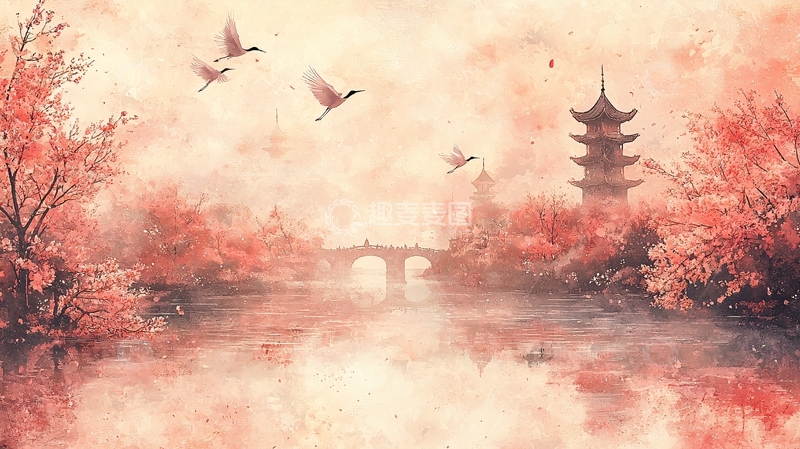 高清大图下载【趣麦麦图】水墨画风的塔和飞鸟