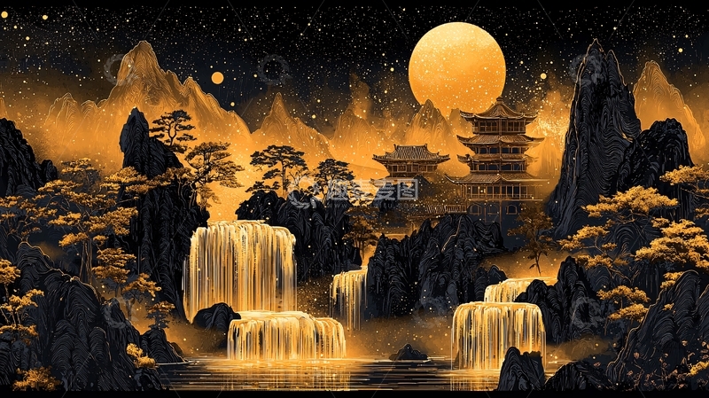 高清大图下载【趣麦麦图】金色月光下的中国山水画
