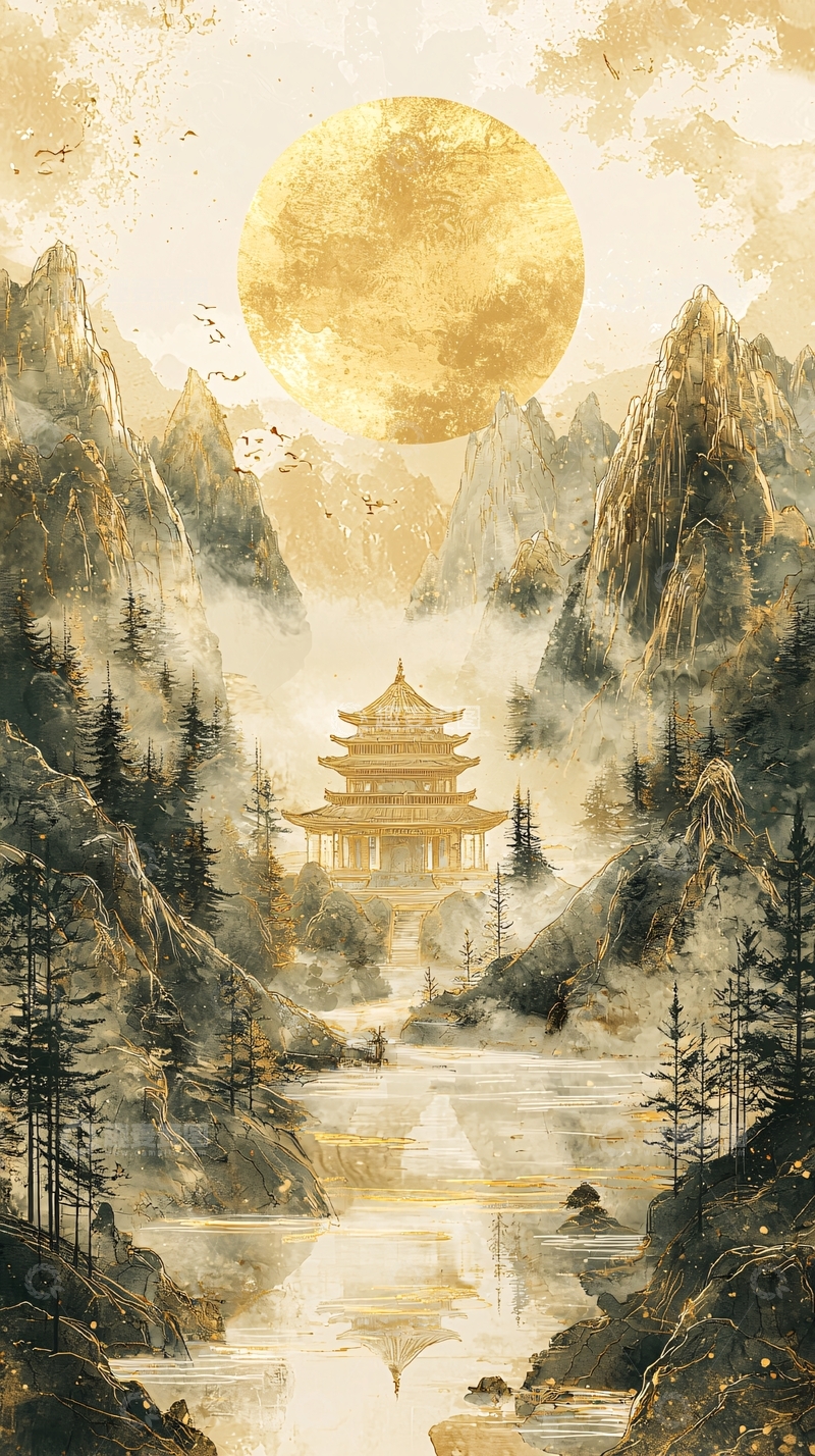 高清大图下载【趣麦麦图】中国风山水月亮古建筑