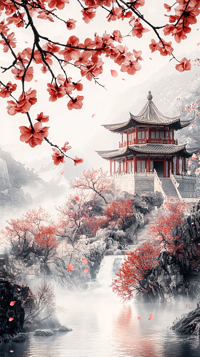 高清大图下载【趣麦麦图】红色花朵下的中国建筑