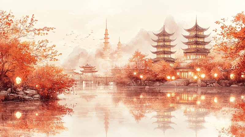 高清大图下载【趣麦麦图】水墨风秋日古建筑