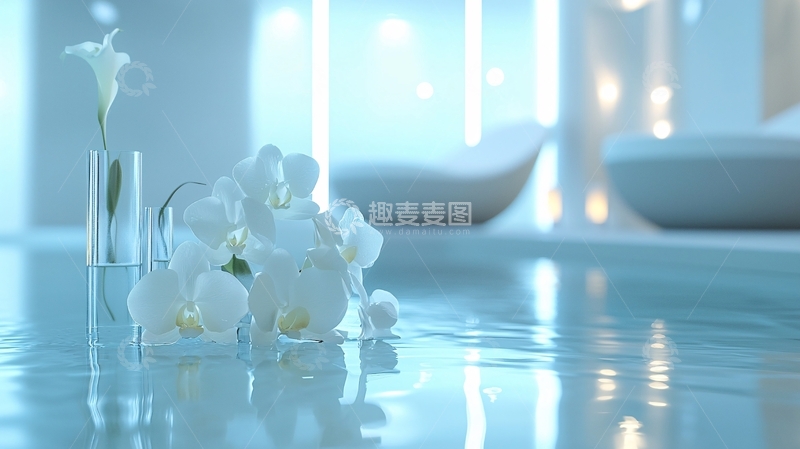 高清大图下载【趣麦麦图】极简风格白色花朵水景