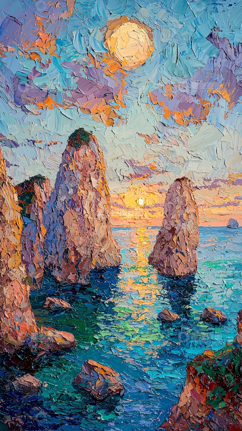 高清大图下载【趣麦麦图】海边日出岩石风景画