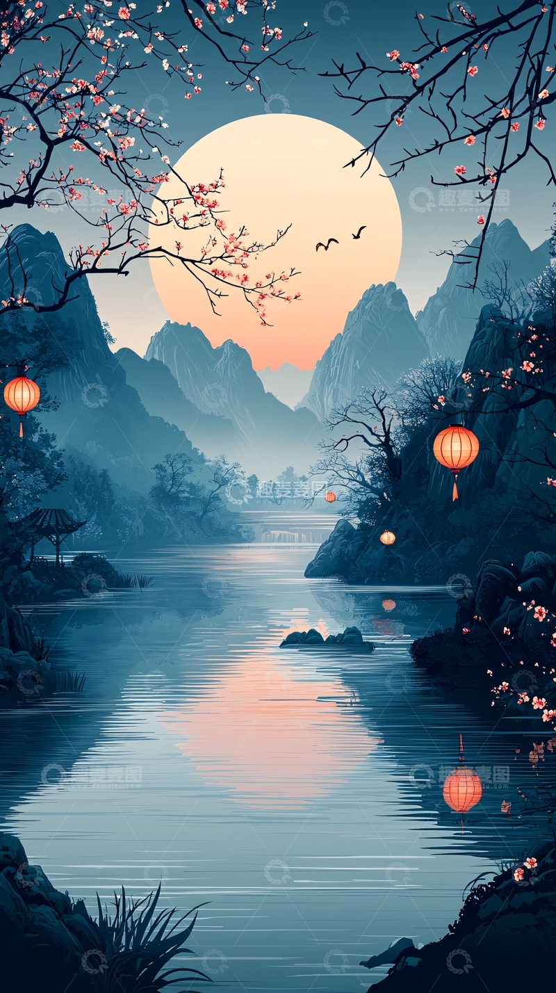 高清大图下载【趣麦麦图】宁静的湖面山水月夜