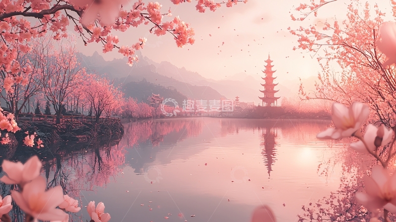 高清大图下载【趣麦麦图】粉色樱花下的湖边塔