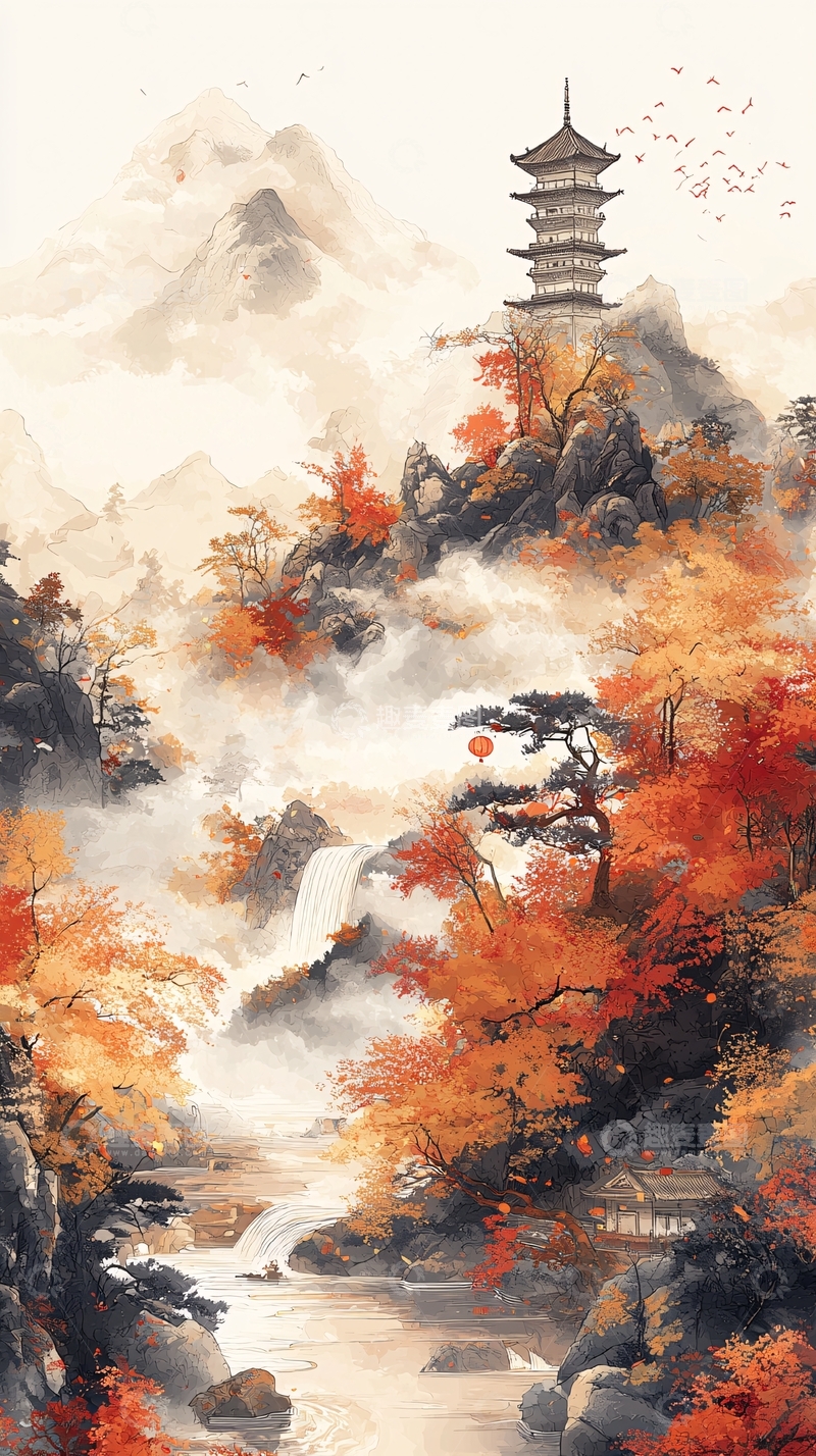 高清大图下载【趣麦麦图】水墨风秋景山水画