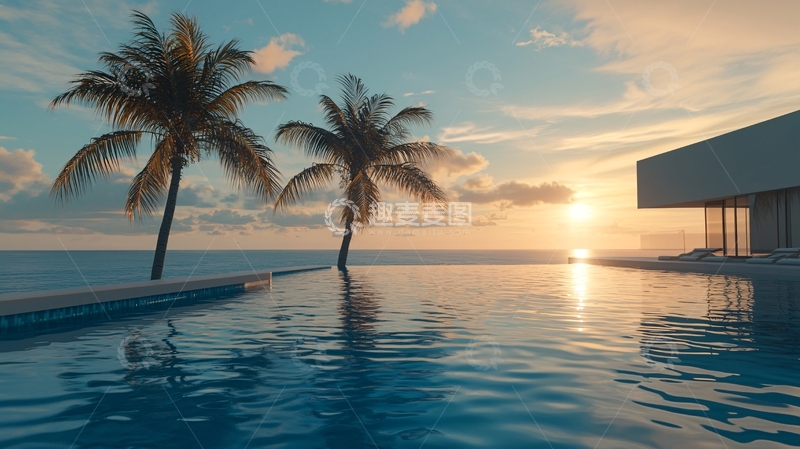高清大图下载【趣麦麦图】海边泳池日落别墅
