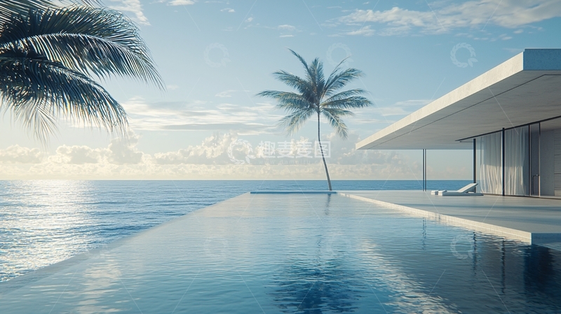 高清大图下载【趣麦麦图】海边别墅无边泳池日落