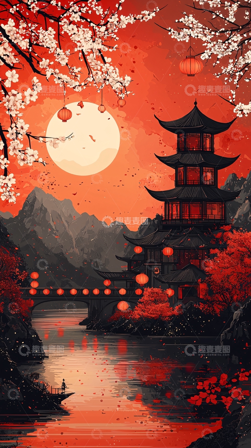 高清大图下载【趣麦麦图】红色唯美古风意境建筑